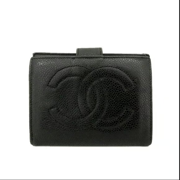 AUTHENTIC CHANEL BLACK CC LOGO CALF SKIN BIFOLD LEATHER WALLET - Picture 1 of 8